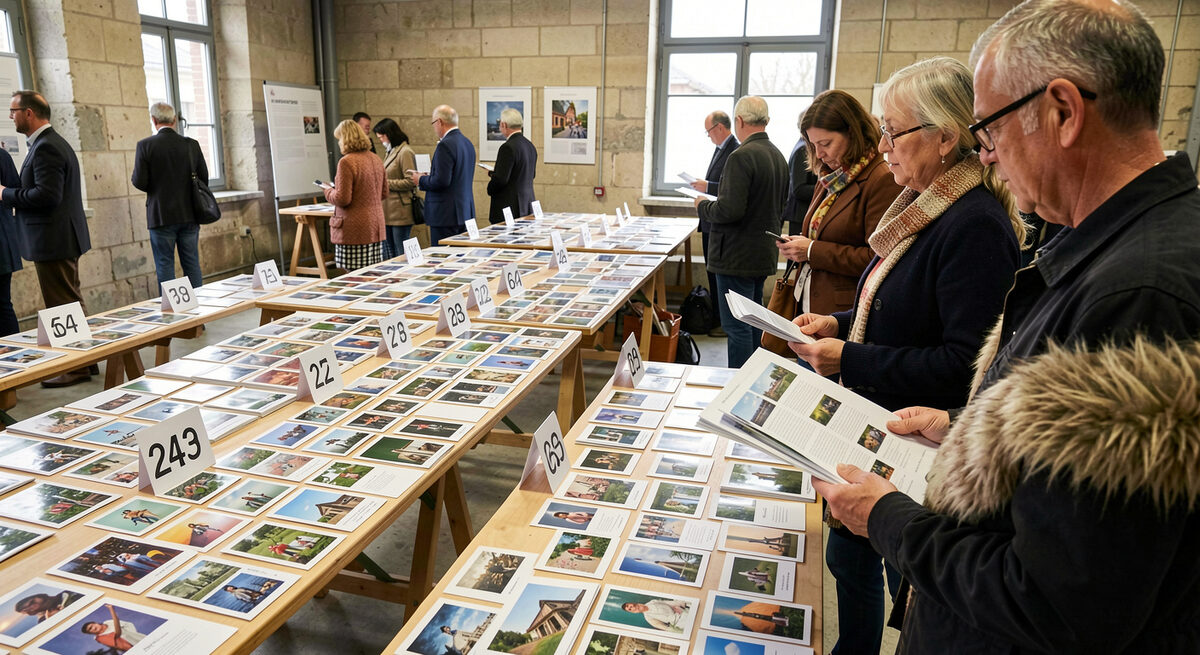 An auction room with numbered lots of postcards on display and bidders consulting a printed catalogue.