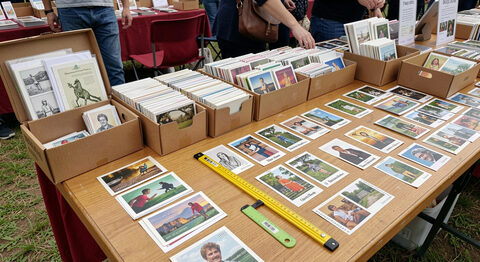 A dealer table at a paper collectibles fair with boxes of postcards and a folding wooden ruler