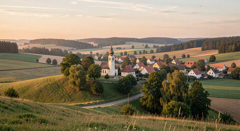 A Czech village seen from a hill with fields and a small church in soft evening light
