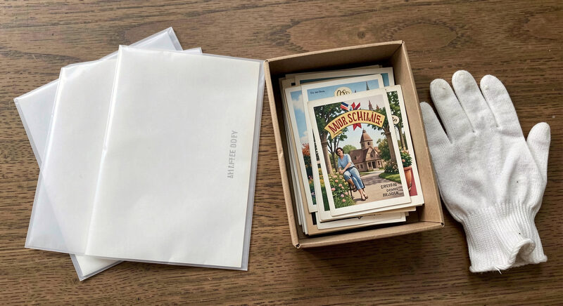 Acid-free sleeves and a storage box of postcards with cotton gloves resting beside them.