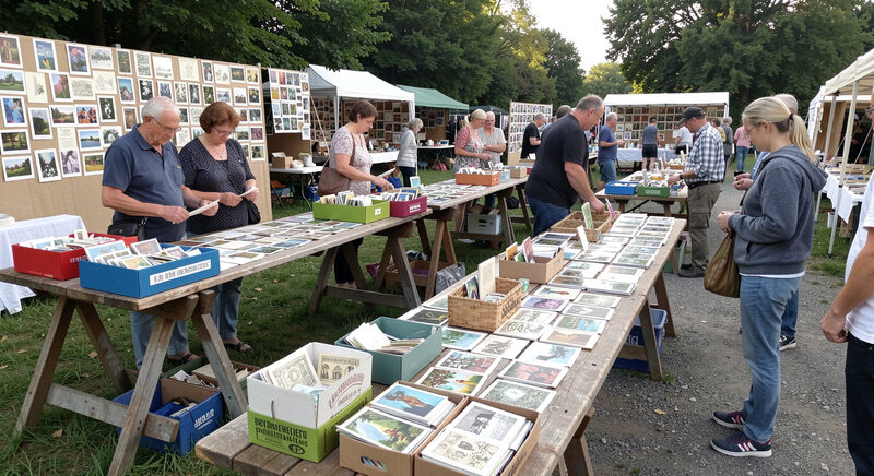 An outdoor collectors' fair with trestle tables of paper ephemera and visitors browsing boxes of postcards.