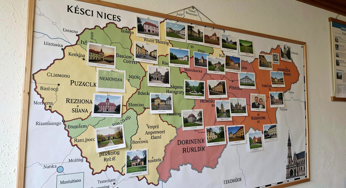 A wall map of Czech regions with small old postcards pinned over several towns.