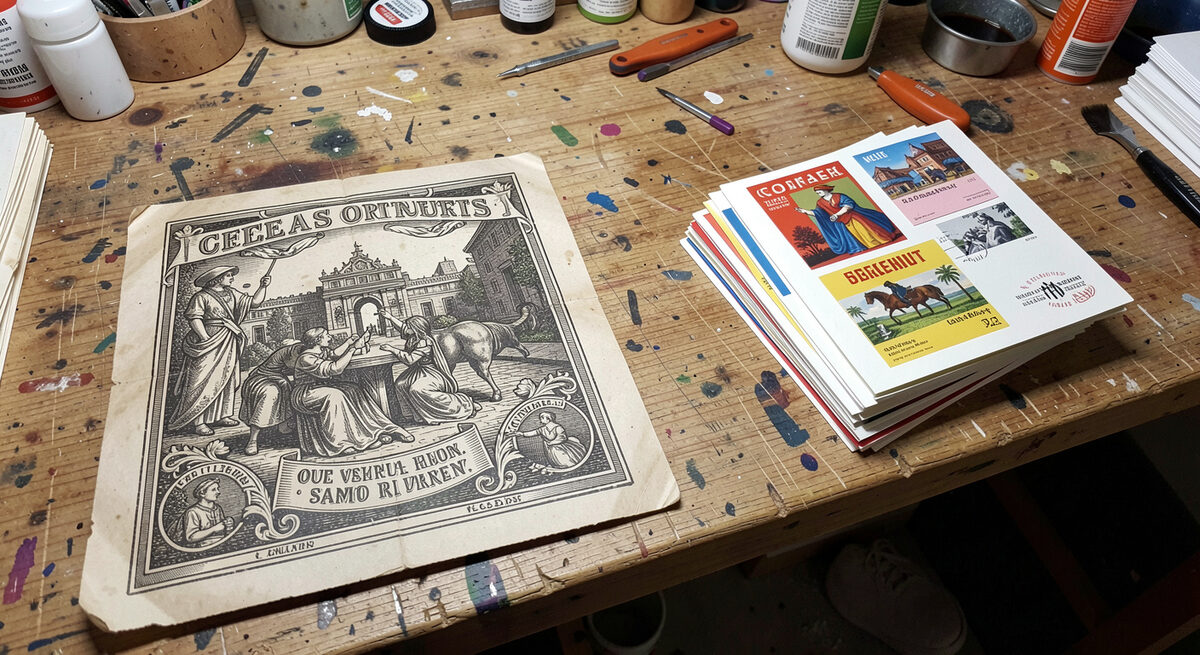 A vintage lithographic printing plate and a stack of coloured postcards on a workshop bench.