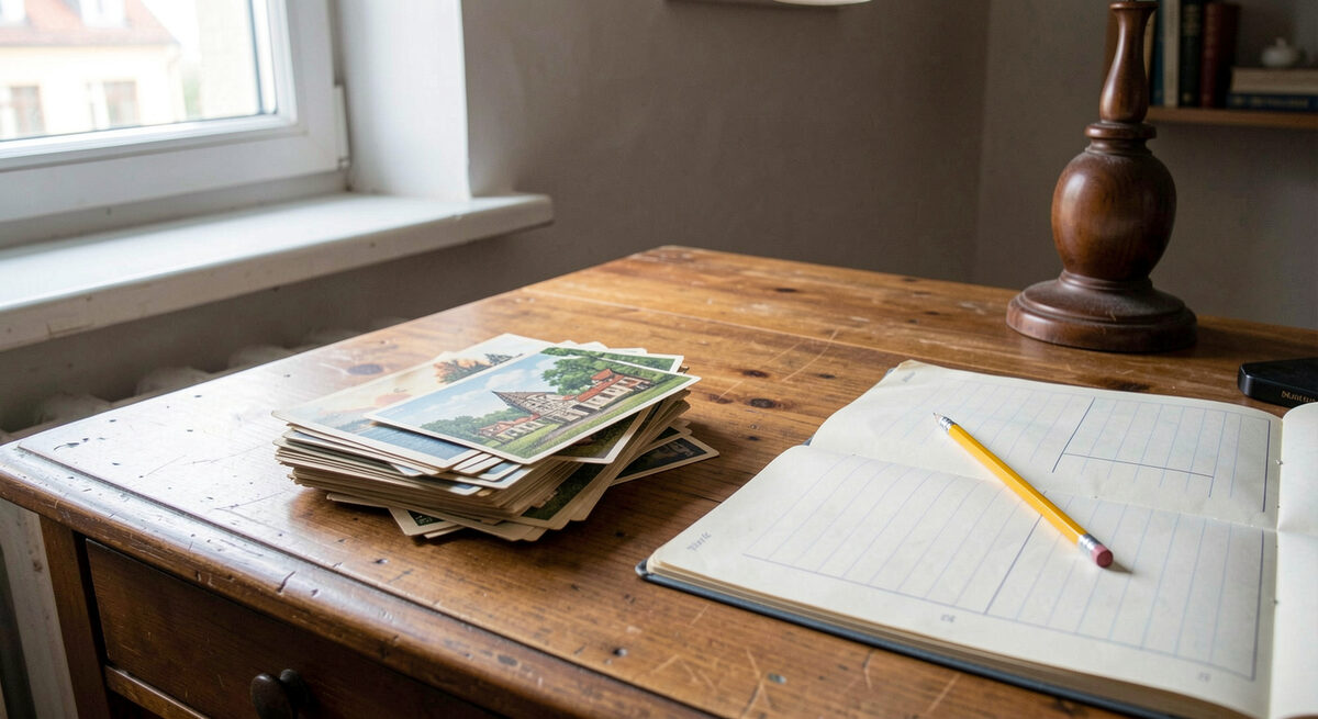 A collector's desk in a Czech flat with a small stack of old postcards, an open notebook and a pencil in morning light.